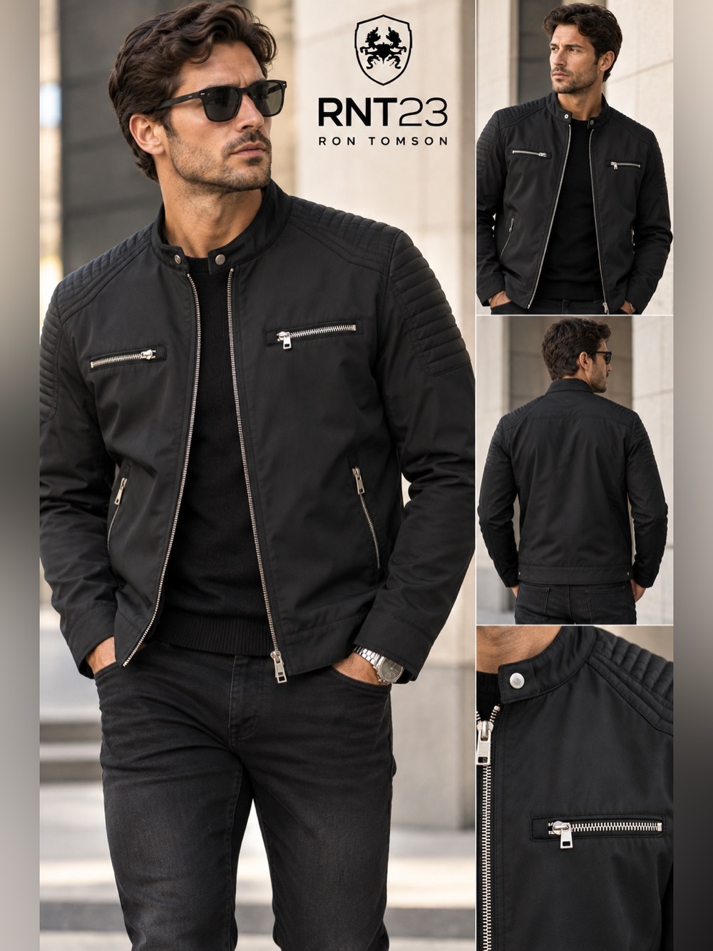 Ron Tomson Black Quilted-Shoulder Varsity Bomber Jacket